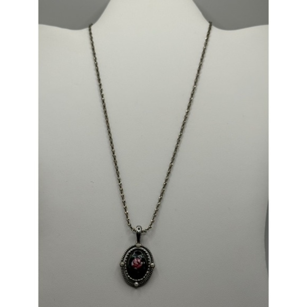 Pink Rose‎ Black Glass Pendant & Necklace Silver Tone Chain
